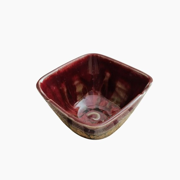 Paul Ray Pottery Square Bowl Hand Crafted Studio Art Seagrove NC Burgundy Beige - Picture 6 of 8